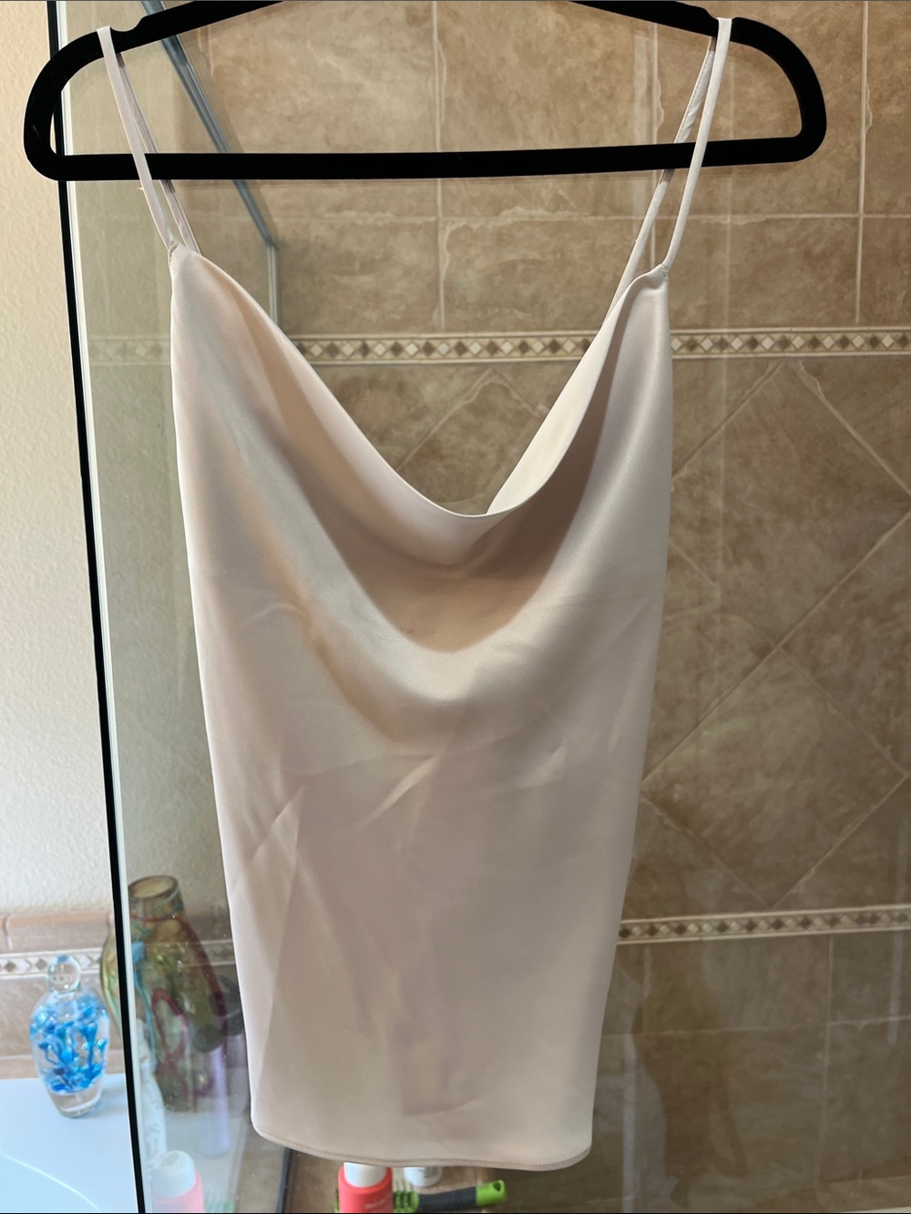Natori Cream Satin Cowl-Neck Slip Chemise